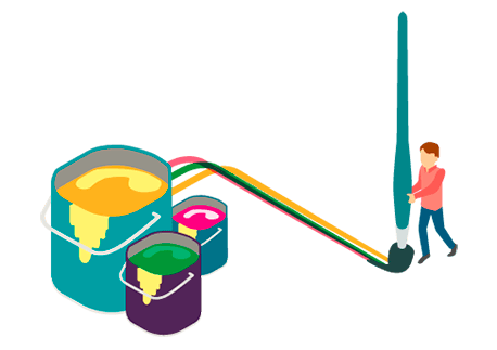 Ilustración de un personaje animado utilizando temperas de colores manipula un pincel gigante para el programa de Diseño de la Universidad de Ibagué